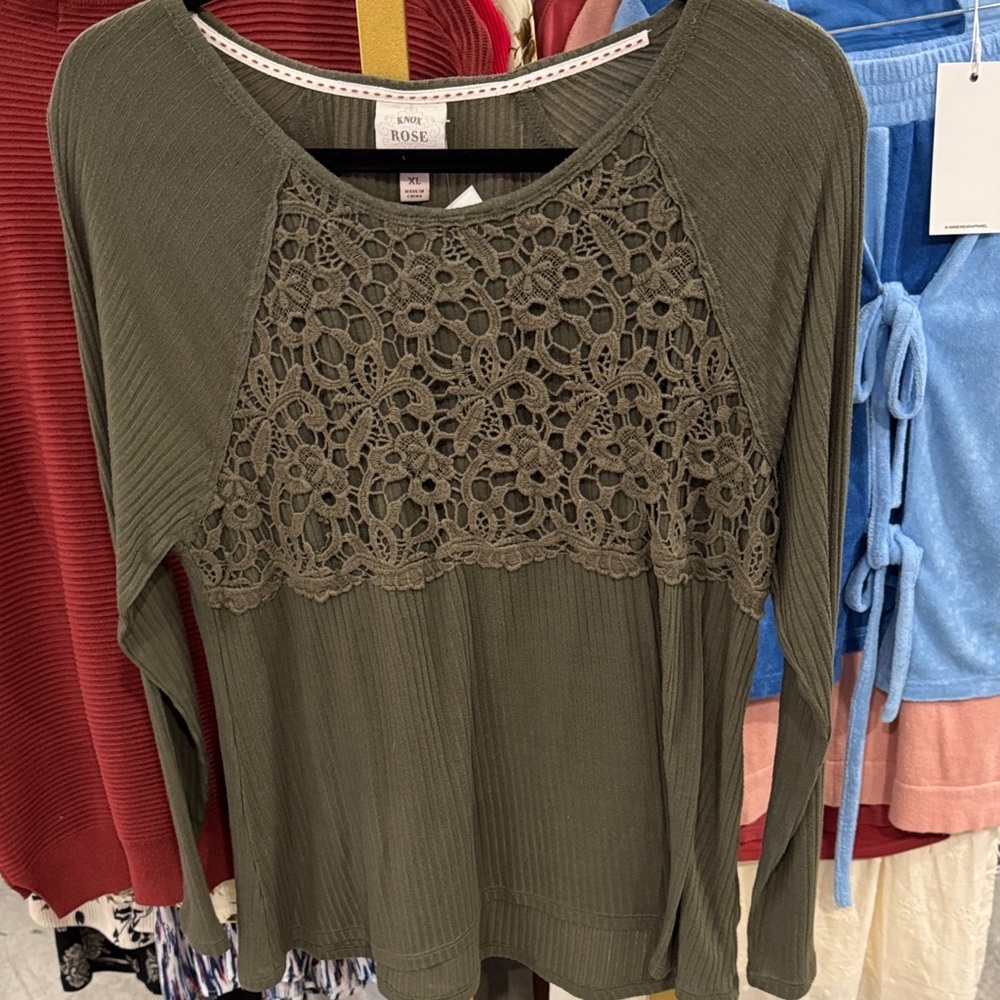 Knox Rose Olive Crochet Yoke Long Sleeve Top